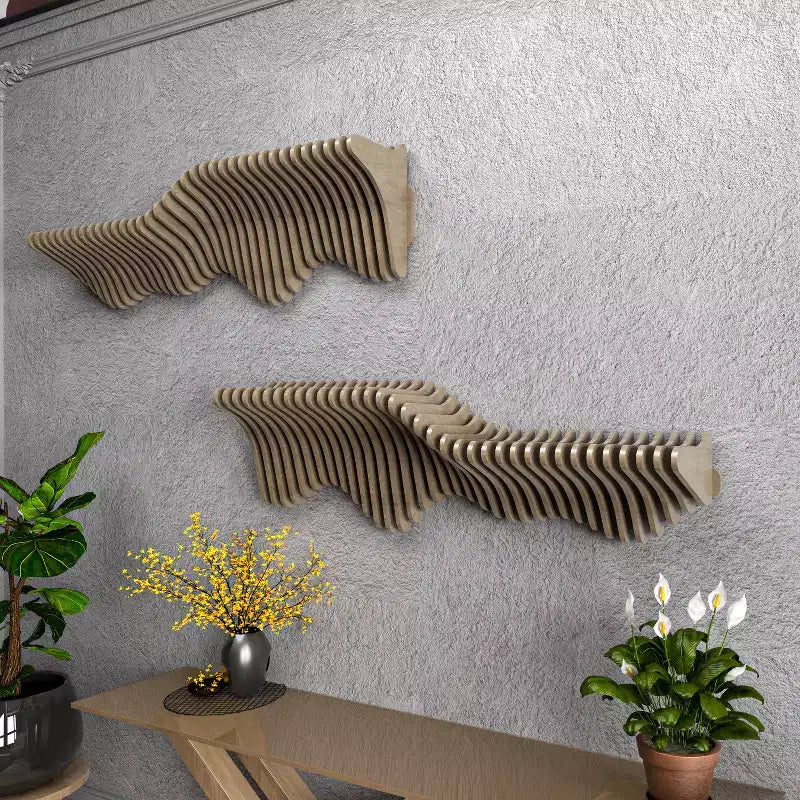 HomeStock Parametric 40 inch Floating Shelf TV Unit Modern Geometric Wooden Wall Piece Decor Natural Oak Color 3D Wavy Living and Gaming Room Shelf