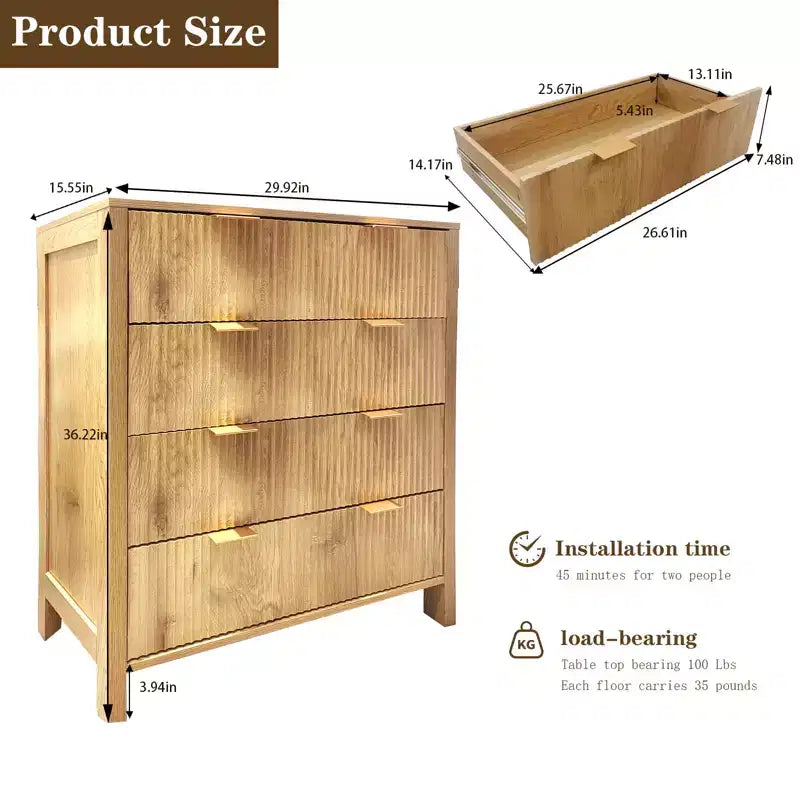Comò a 4 cassetti, nero/rovere scanalato, stile Mid-Century Modern, per 1 persona