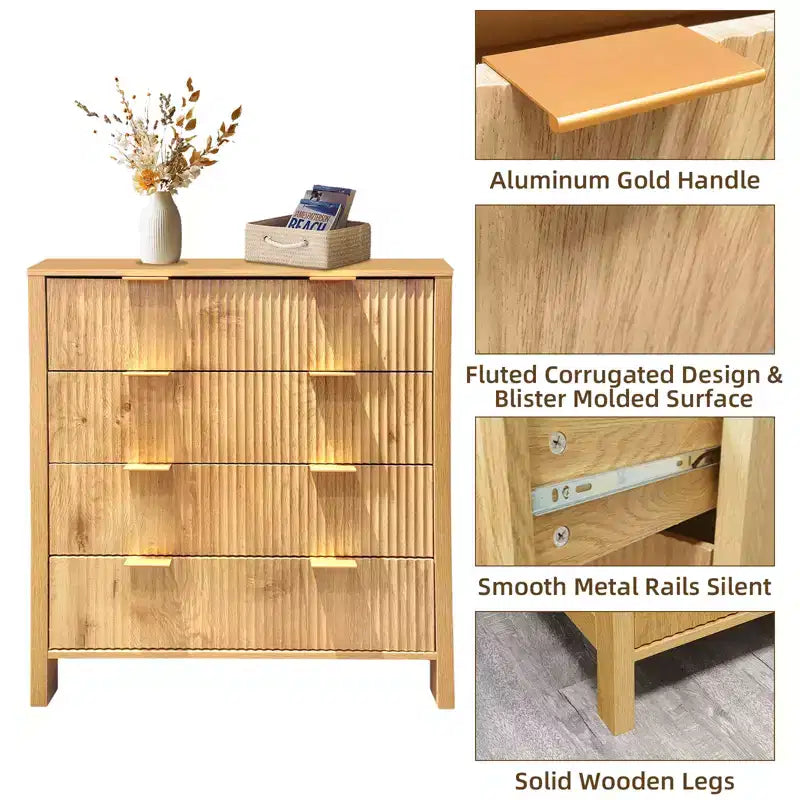 Comò a 4 cassetti, nero/rovere scanalato, stile Mid-Century Modern, per 1 persona