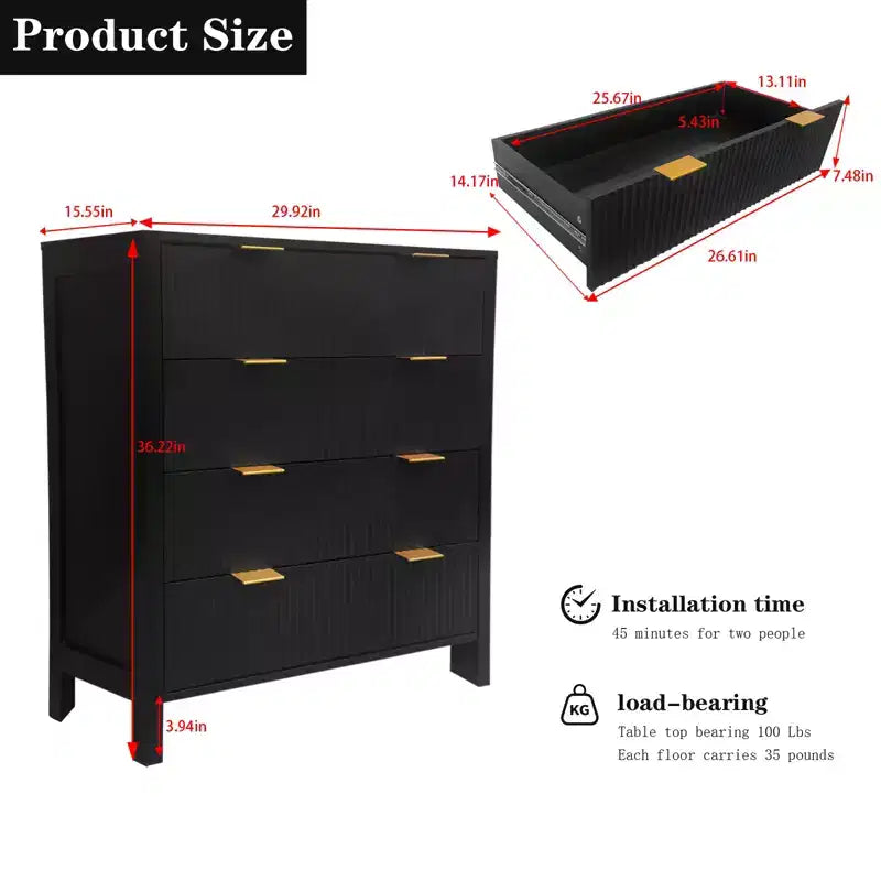 Comò a 4 cassetti, nero/rovere scanalato, stile Mid-Century Modern, per 1 persona