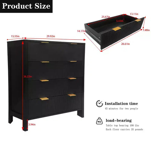 Comò a 4 cassetti, nero/rovere scanalato, stile Mid-Century Modern, per 1 persona