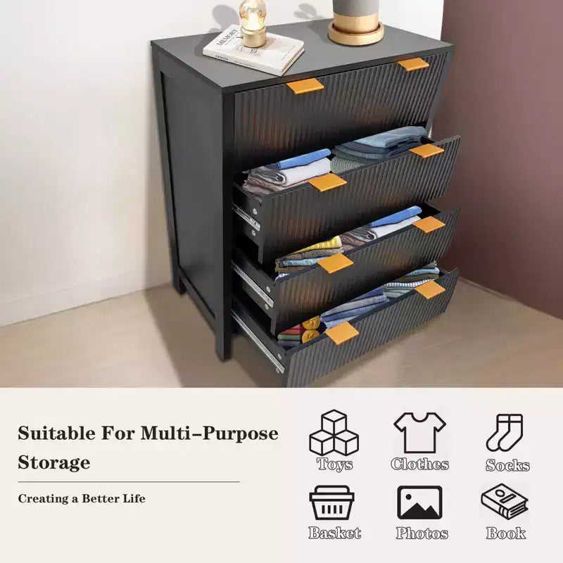 Comò a 4 cassetti, nero/rovere scanalato, stile Mid-Century Modern, per 1 persona