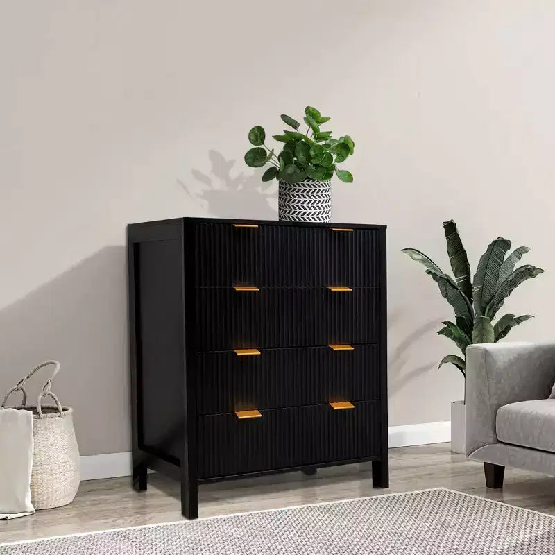 Comò a 4 cassetti, nero/rovere scanalato, stile Mid-Century Modern, per 1 persona