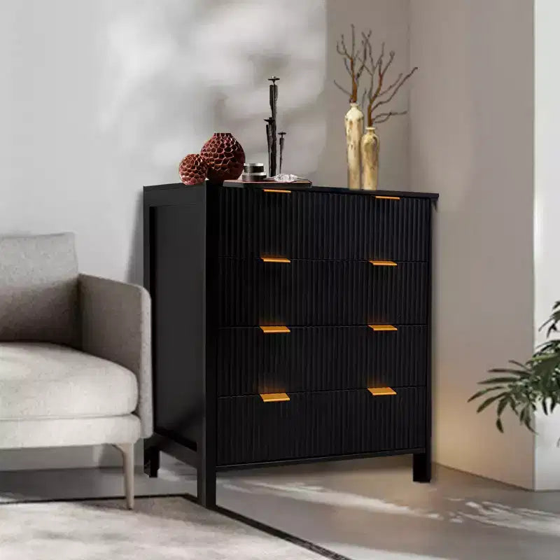 Comò a 4 cassetti, nero/rovere scanalato, stile Mid-Century Modern, per 1 persona