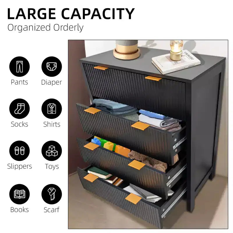 Comò a 4 cassetti, nero/rovere scanalato, stile Mid-Century Modern, per 1 persona