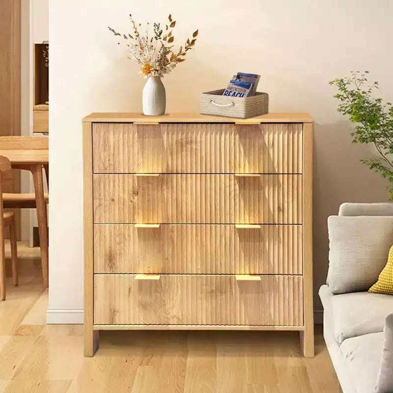 Comò a 4 cassetti, nero/rovere scanalato, stile Mid-Century Modern, per 1 persona