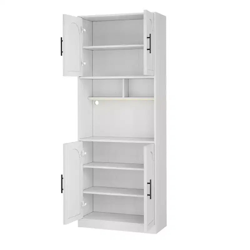 Dispensa da Cucina Bianca Alta 180 cm con Ripiano per Microonde, Luce LED e Ripiani Regolabili, 4 Ante, Montaggio a 1 Persona