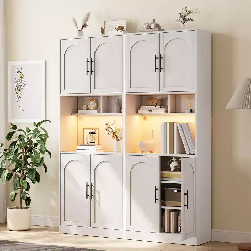 Dispensa da Cucina Bianca Alta 180 cm con Ripiano per Microonde, Luce LED e Ripiani Regolabili, 4 Ante, Montaggio a 1 Persona