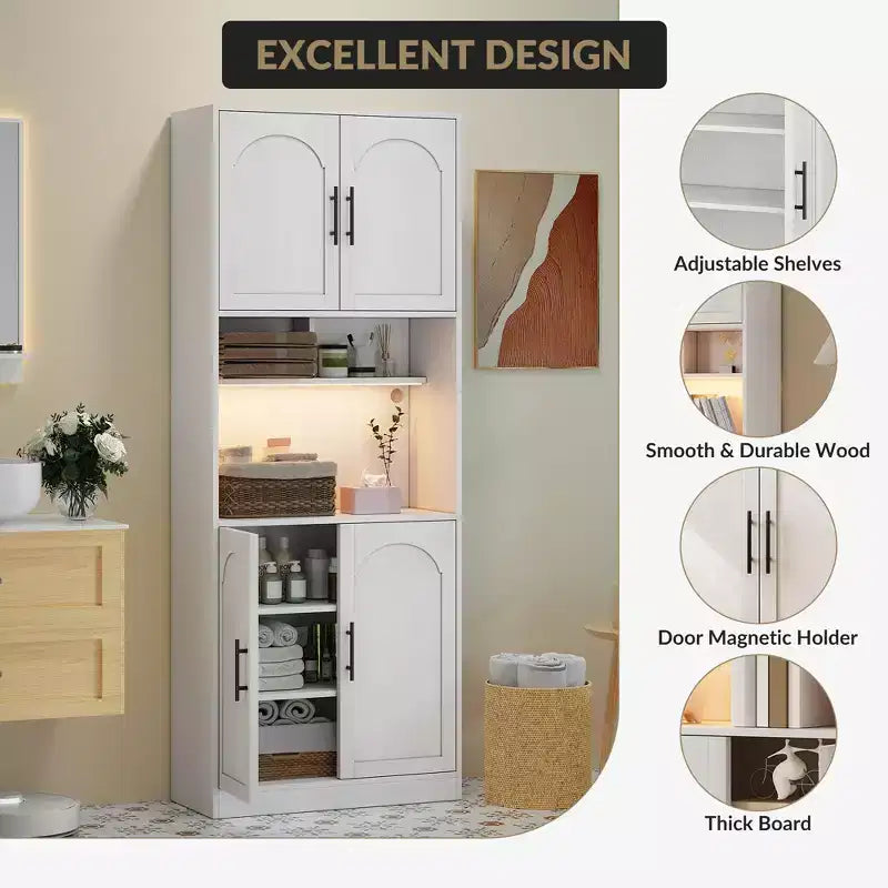 Dispensa da Cucina Bianca Alta 180 cm con Ripiano per Microonde, Luce LED e Ripiani Regolabili, 4 Ante, Montaggio a 1 Persona