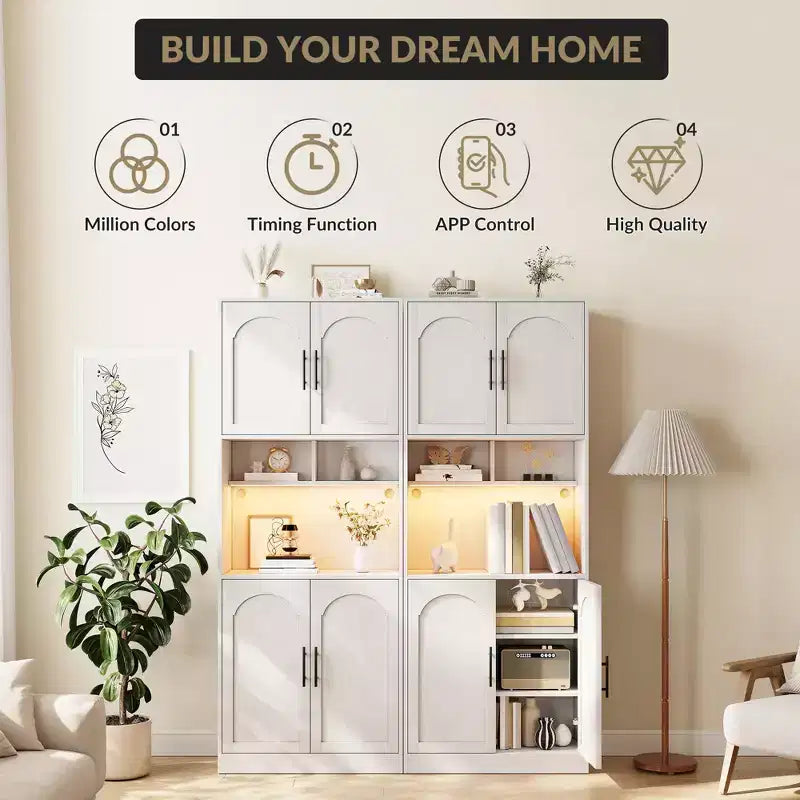 Dispensa da Cucina Bianca Alta 180 cm con Ripiano per Microonde, Luce LED e Ripiani Regolabili, 4 Ante, Montaggio a 1 Persona
