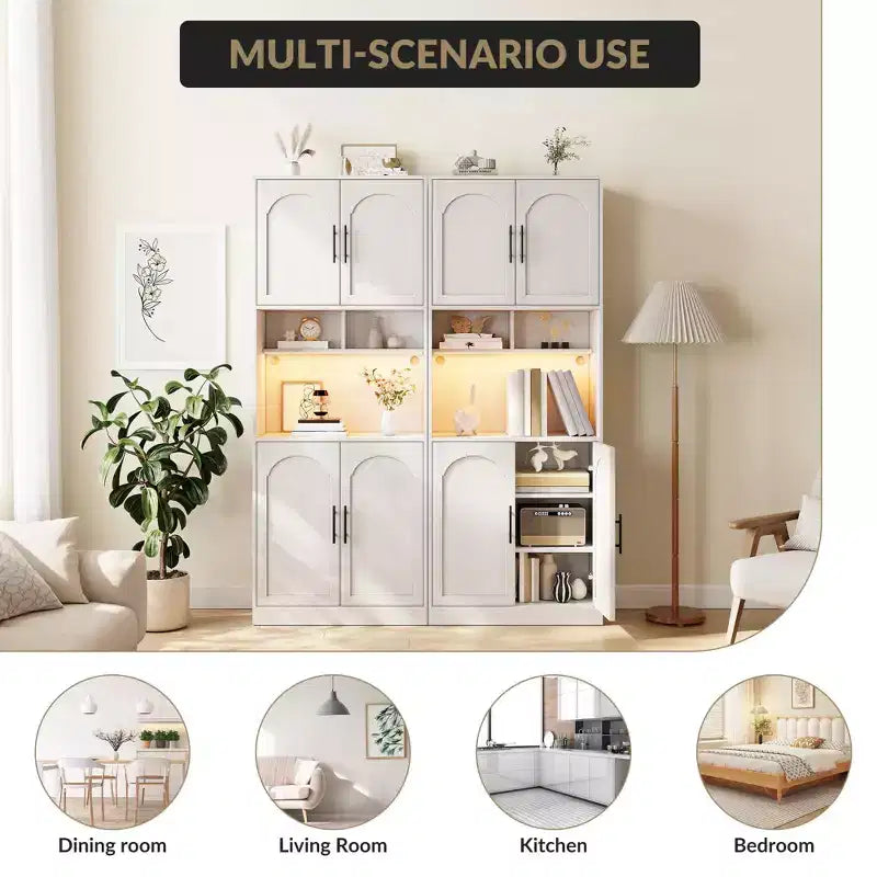 Dispensa da Cucina Bianca Alta 180 cm con Ripiano per Microonde, Luce LED e Ripiani Regolabili, 4 Ante, Montaggio a 1 Persona