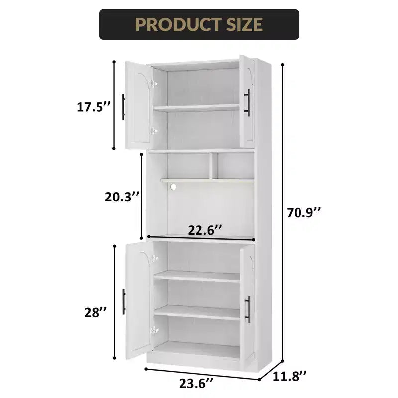 Dispensa da Cucina Bianca Alta 180 cm con Ripiano per Microonde, Luce LED e Ripiani Regolabili, 4 Ante, Montaggio a 1 Persona