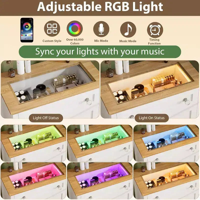 Comò bianco a 4 cassetti con luce LED RGB, per 1 persona