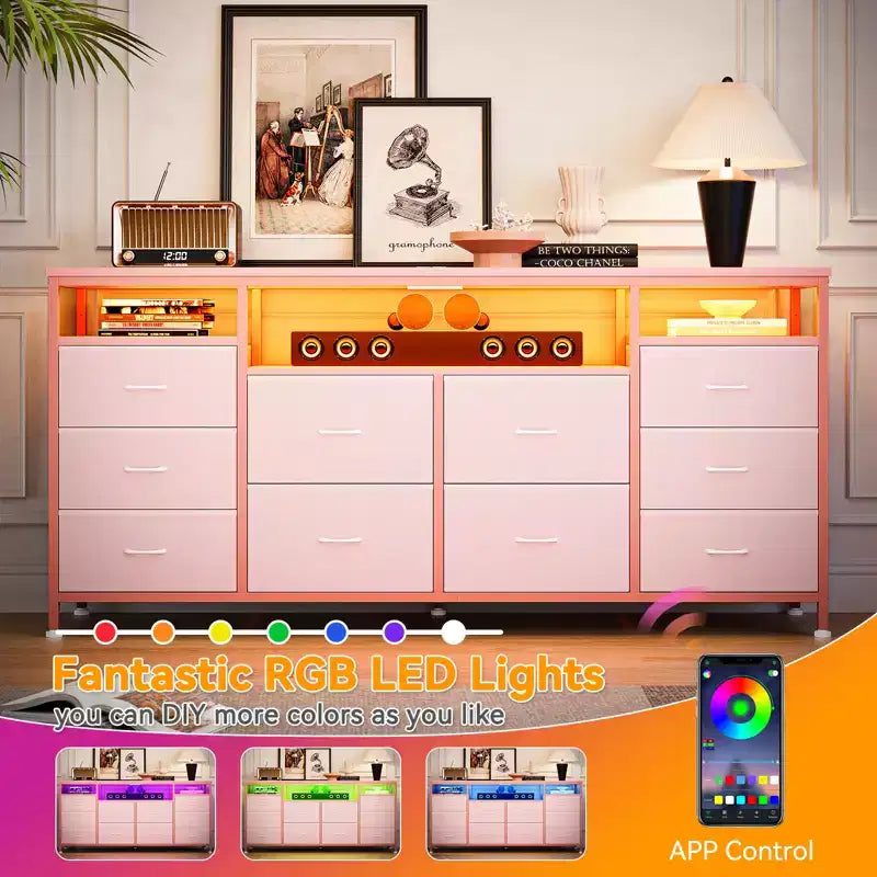 Comò a 10 cassetti con luci a LED e prese di corrente, supporto TV per 2, in pelle bianca, nero, rosa, a righe tigrate