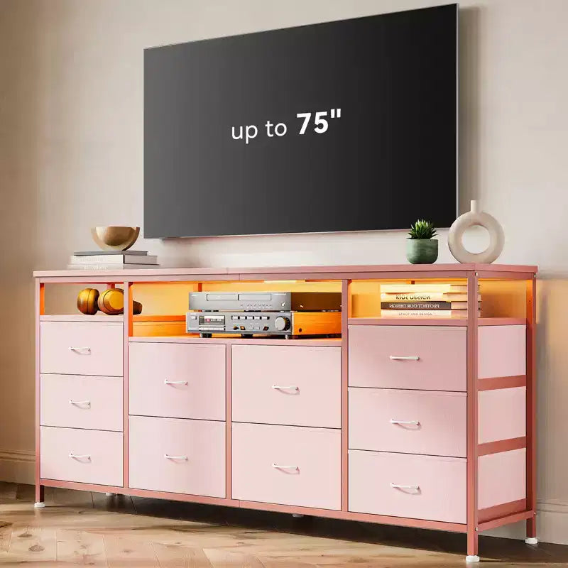 Comò a 10 cassetti con luci a LED e prese di corrente, supporto TV per 2, in pelle bianca, nero, rosa, a righe tigrate