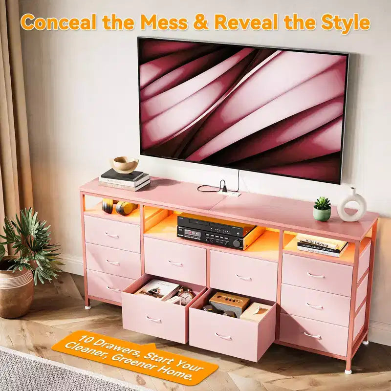 Comò a 10 cassetti con luci a LED e prese di corrente, supporto TV per 2, in pelle bianca, nero, rosa, a righe tigrate