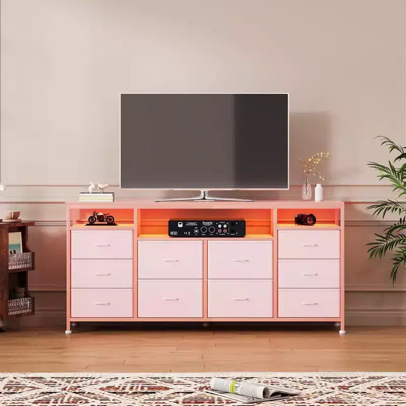 Comò a 10 cassetti con luci a LED e prese di corrente, supporto TV per 2, in pelle bianca, nero, rosa, a righe tigrate