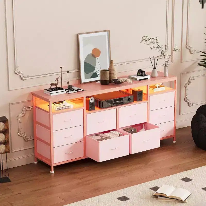 Comò a 10 cassetti con luci a LED e prese di corrente, supporto TV per 2, in pelle bianca, nero, rosa, a righe tigrate