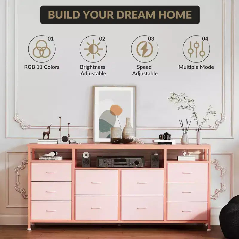 Comò a 10 cassetti con luci a LED e prese di corrente, supporto TV per 2, in pelle bianca, nero, rosa, a righe tigrate