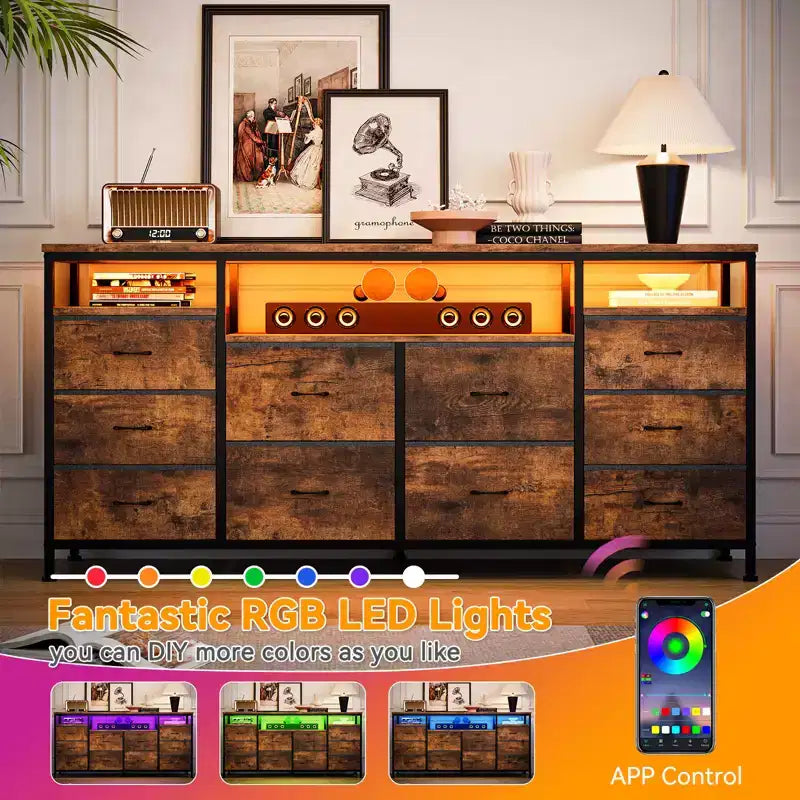 Comò a 10 cassetti con luci a LED e prese di corrente, supporto TV per 2, in pelle bianca, nero, rosa, a righe tigrate
