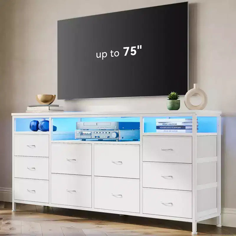 Comò a 10 cassetti con luci a LED e prese di corrente, supporto TV per 2, in pelle bianca, nero, rosa, a righe tigrate
