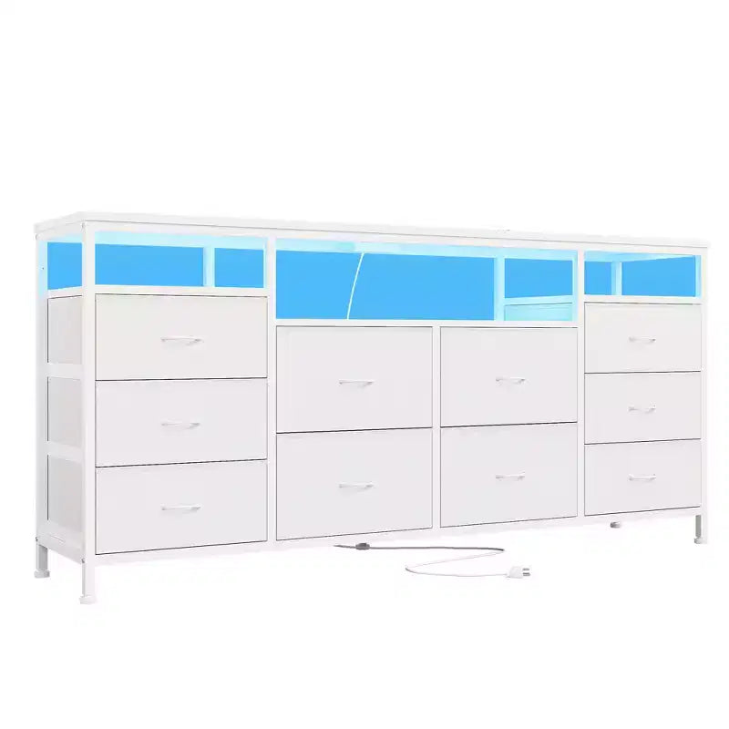 Comò a 10 cassetti con luci a LED e prese di corrente, supporto TV per 2, in pelle bianca, nero, rosa, a righe tigrate