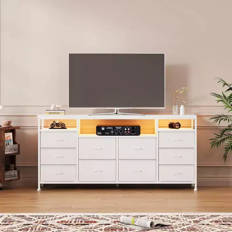 Comò a 10 cassetti con luci a LED e prese di corrente, supporto TV per 2, in pelle bianca, nero, rosa, a righe tigrate