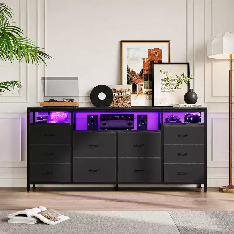 Comò a 10 cassetti con luci a LED e prese di corrente, supporto TV per 2, in pelle bianca, nero, rosa, a righe tigrate