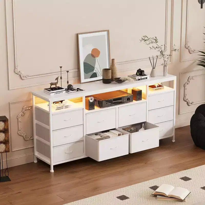 Comò a 10 cassetti con luci a LED e prese di corrente, supporto TV per 2, in pelle bianca, nero, rosa, a righe tigrate