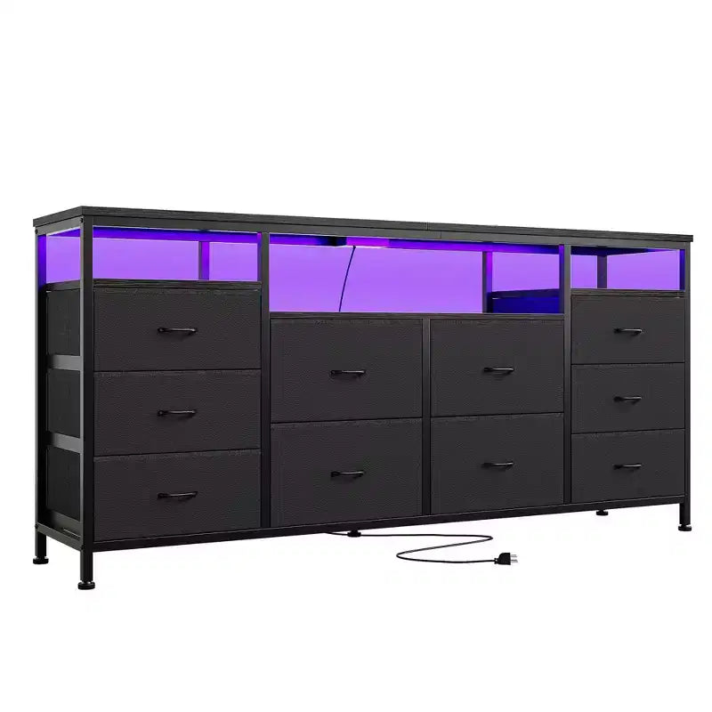 Comò a 10 cassetti con luci a LED e prese di corrente, supporto TV per 2, in pelle bianca, nero, rosa, a righe tigrate