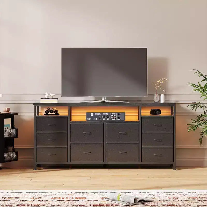 Comò a 10 cassetti con luci a LED e prese di corrente, supporto TV per 2, in pelle bianca, nero, rosa, a righe tigrate