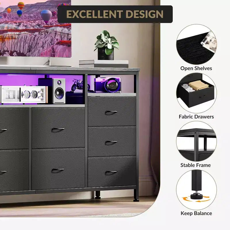 Comò a 10 cassetti con luci a LED e prese di corrente, supporto TV per 2, in pelle bianca, nero, rosa, a righe tigrate