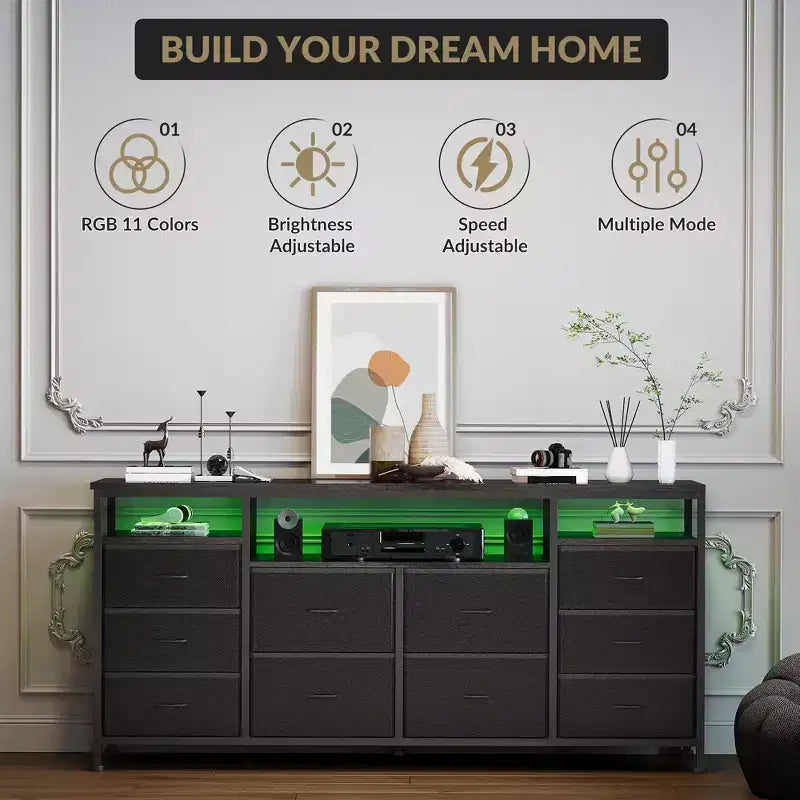 Comò a 10 cassetti con luci a LED e prese di corrente, supporto TV per 2, in pelle bianca, nero, rosa, a righe tigrate