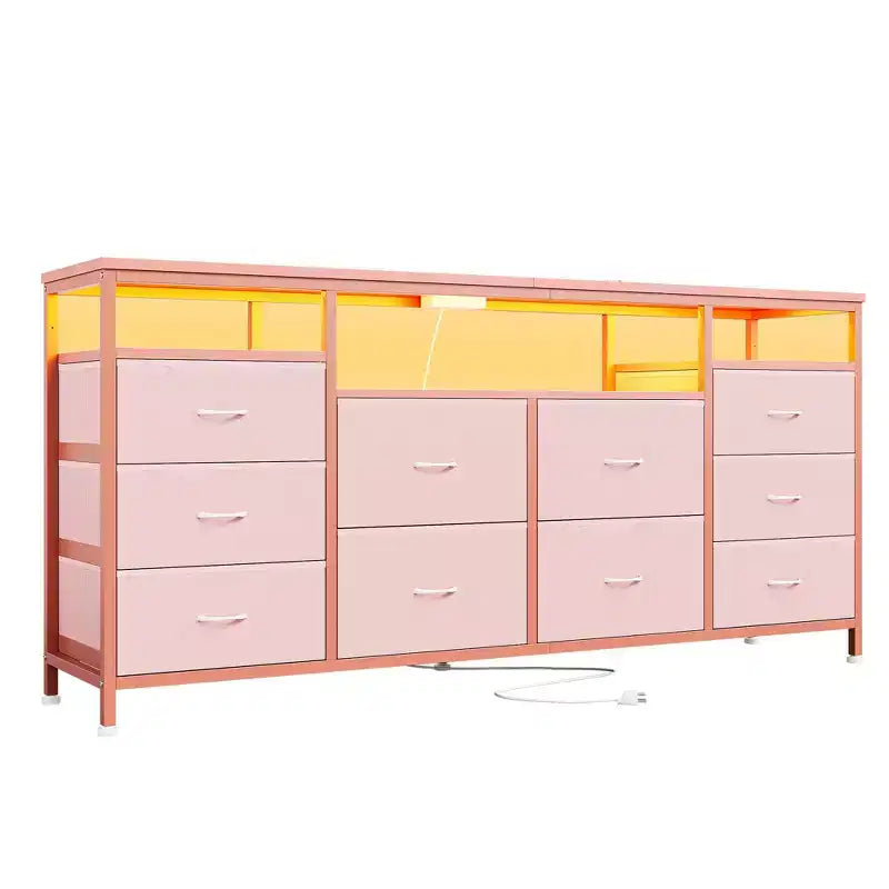 Comò a 10 cassetti con luci a LED e prese di corrente, supporto TV per 2, in pelle bianca, nero, rosa, a righe tigrate