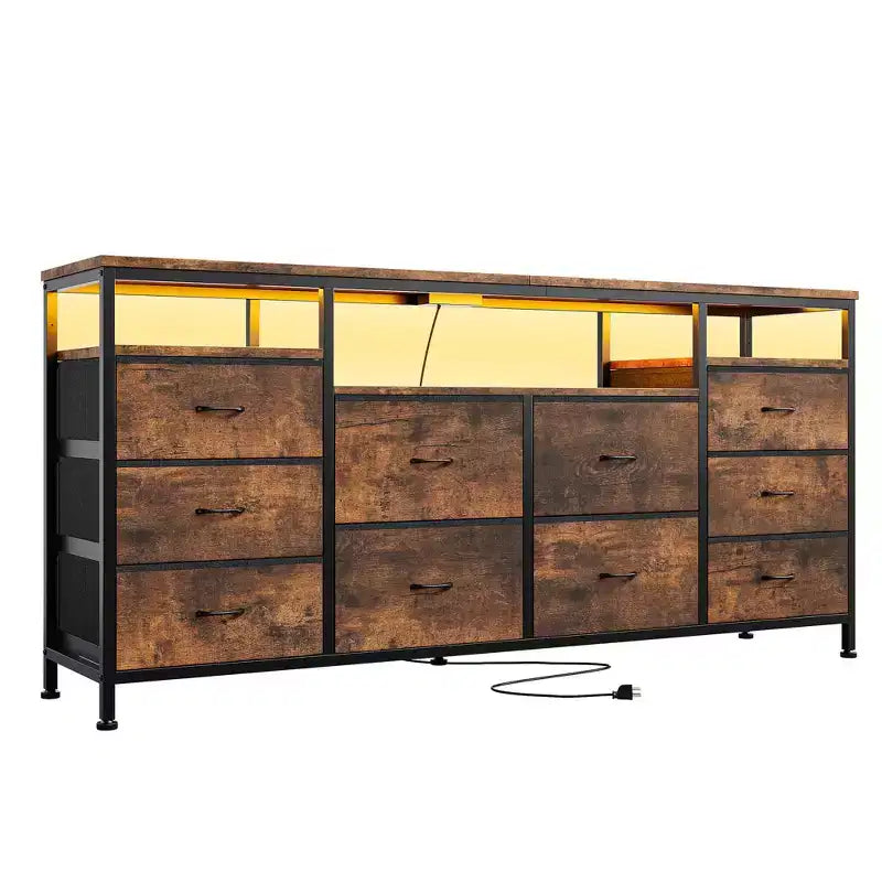 Comò a 10 cassetti con luci a LED e prese di corrente, supporto TV per 2, in pelle bianca, nero, rosa, a righe tigrate