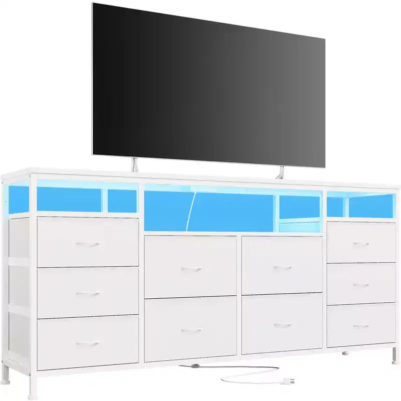 Comò a 10 cassetti con luci a LED e prese di corrente, supporto TV per 2, in pelle bianca, nero, rosa, a righe tigrate