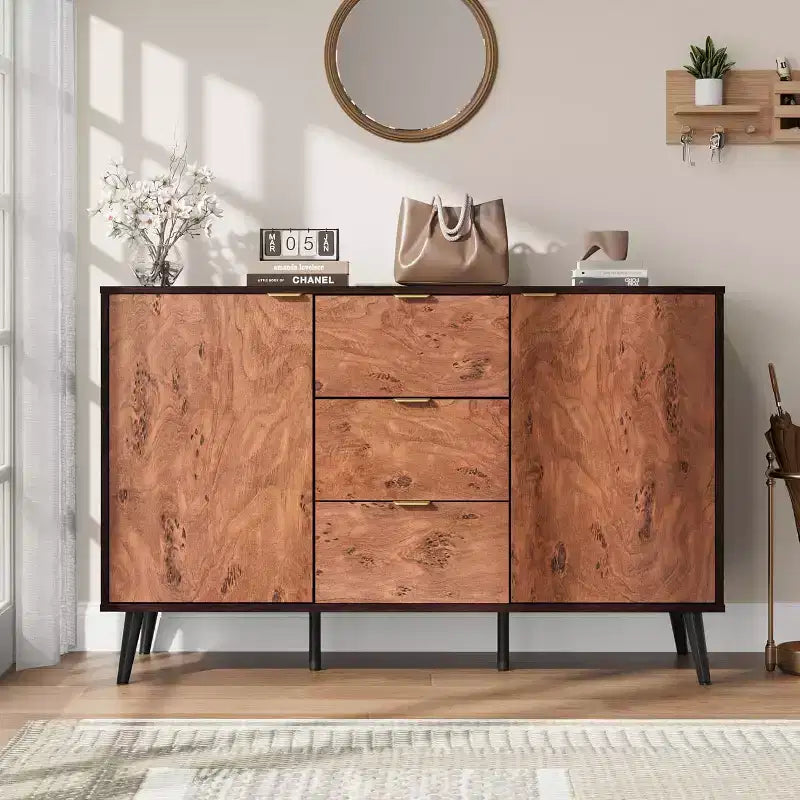 Credenza a buffet da fattoria color noce, 3 cassetti 2 ante, montaggio da 1 persona