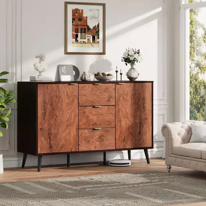 Credenza a buffet da fattoria color noce, 3 cassetti 2 ante, montaggio da 1 persona