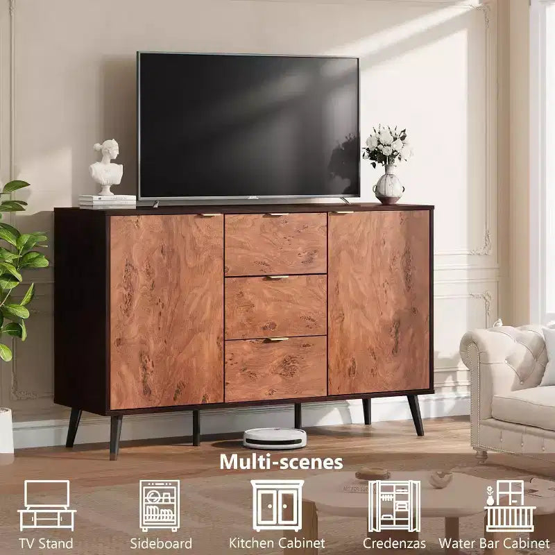 Credenza a buffet da fattoria color noce, 3 cassetti 2 ante, montaggio da 1 persona
