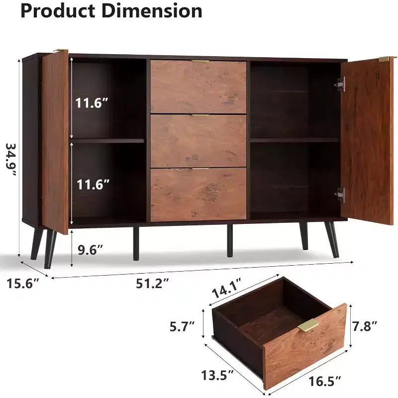Credenza a buffet da fattoria color noce, 3 cassetti 2 ante, montaggio da 1 persona