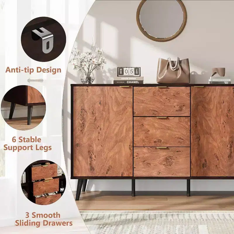 Credenza a buffet da fattoria color noce, 3 cassetti 2 ante, montaggio da 1 persona