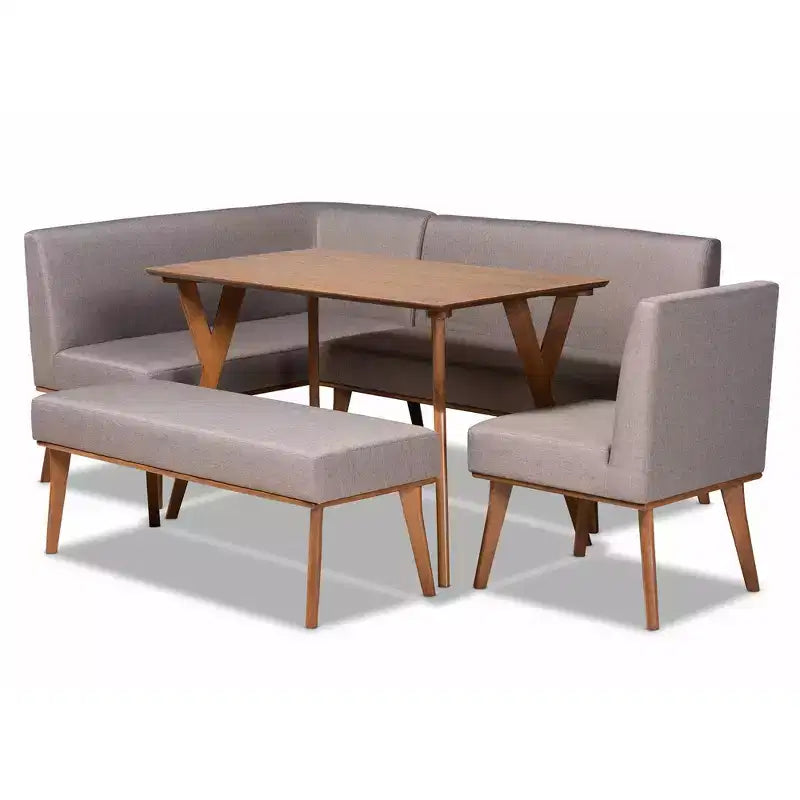 5pc Odessa Mid-Century Modern Dining Set: Brown Rubberwood Table & Upholstered Seating, Curved Legs, 4 Seats, Non-Extendable