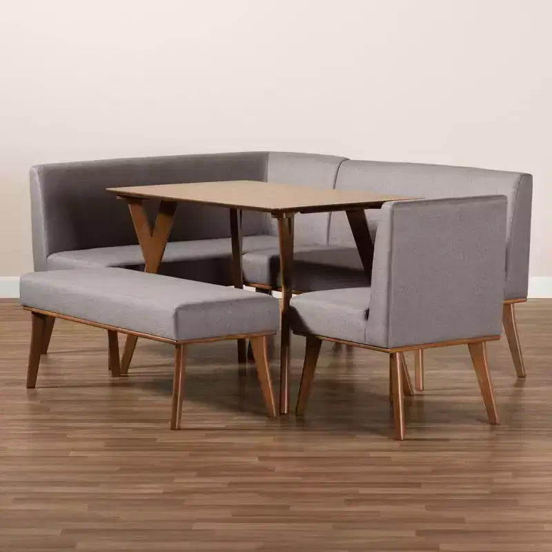 Set da pranzo moderno di metà secolo Odessa da 5 pezzi: tavolo in legno di gomma marrone e sedute imbottite, gambe curve, 4 posti, non allungabile