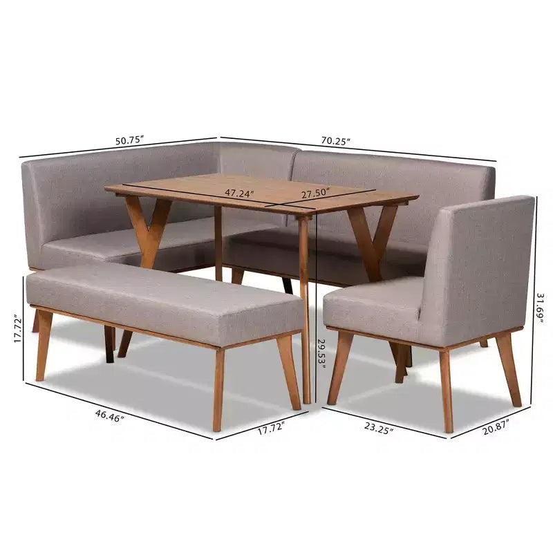 Set da pranzo moderno di metà secolo Odessa da 5 pezzi: tavolo in legno di gomma marrone e sedute imbottite, gambe curve, 4 posti, non allungabile