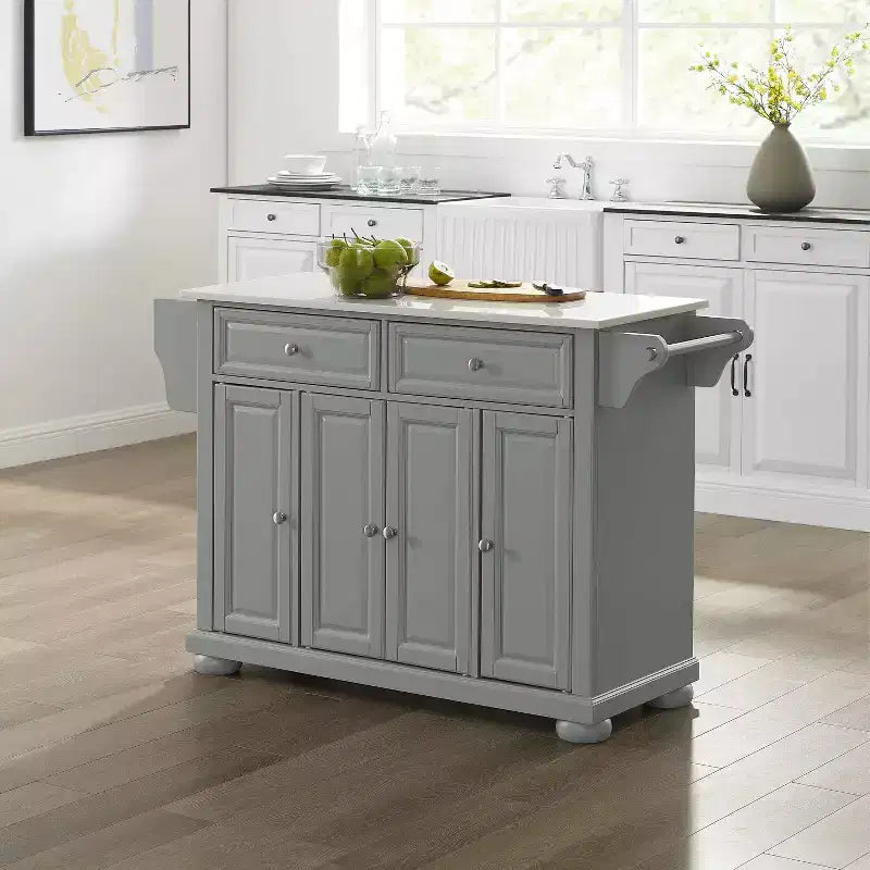 Carrello da Cucina con Isola e Ruote con Piano in Granito Grigio