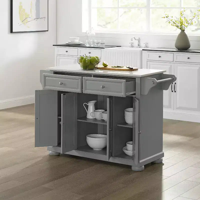 Carrello da Cucina con Isola e Ruote con Piano in Granito Grigio