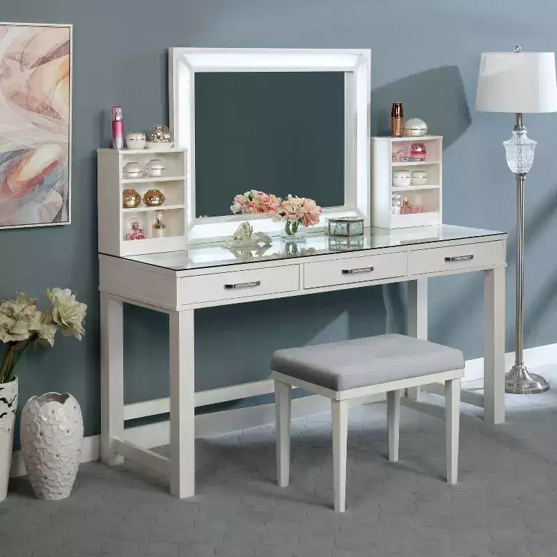 Set toeletta rettangolare bianco con specchio LED e sgabello, 1 posto