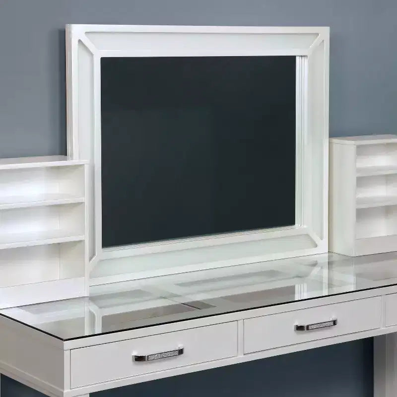 Set toeletta rettangolare bianco con specchio LED e sgabello, 1 posto