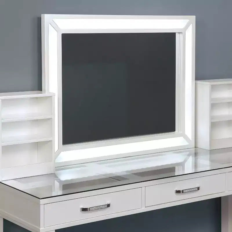 Set toeletta rettangolare bianco con specchio LED e sgabello, 1 posto