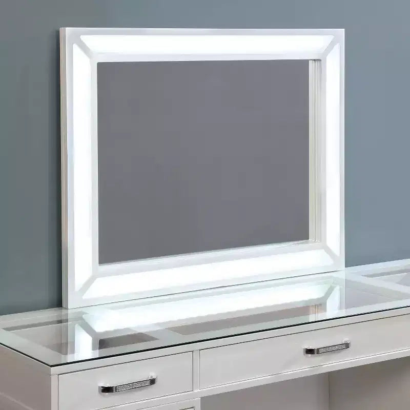 Set toeletta rettangolare bianco con specchio LED e sgabello, 1 posto